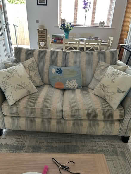Photo of free Blue cream sofa. Blue cream chair and cream chair (Albrighton WV7) #1
