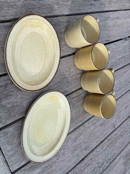 Photo of free Poole pottery 4 x cups, 2 x gravy boat saucers (Gorse Hill GU22) #1