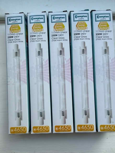 Photo of free Five 117mm linear R7s cap bulbs - 230W 240V 2700K Warm White (Clarkston G76) #1