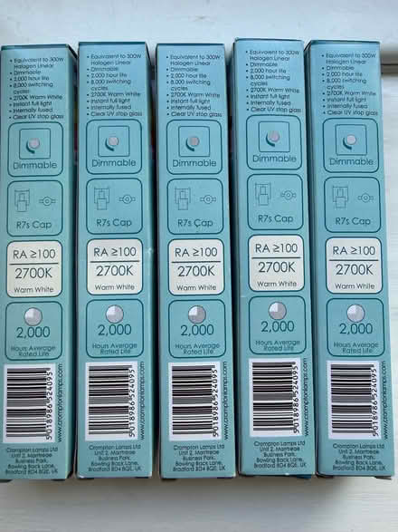 Photo of free Five 117mm linear R7s cap bulbs - 230W 240V 2700K Warm White (Clarkston G76) #3