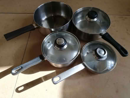 Photo of free 4 Saucepans (3 with lids) (Bradleys Both BD20) #1
