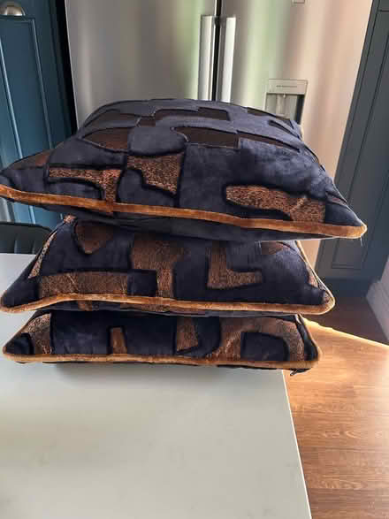 Photo of free Three blue and gold cushions. 40cm square. (The Park NG1) #1