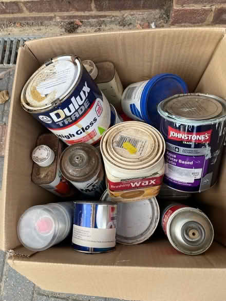 Photo of free Box of paint/varnish/air canisters/wood dyes. (Old Bletchley MK3) #1