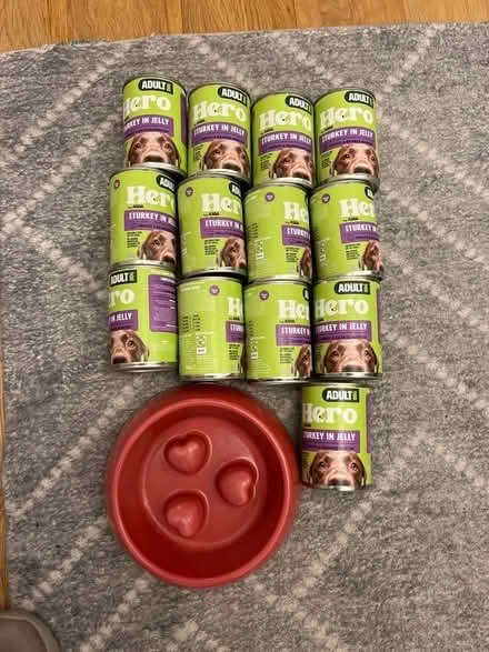Photo of free 13 tins of dog food and slow bowl (Eastcote HA4) #1