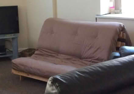 Photo of free Mocha brown Double 2 seat futon with wooden base (Foscot OX7) #1