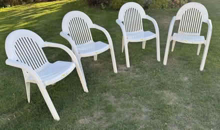 Photo of free 4 x White Stackable Plastic Garden Chairs (Top Amersham HP6) #1