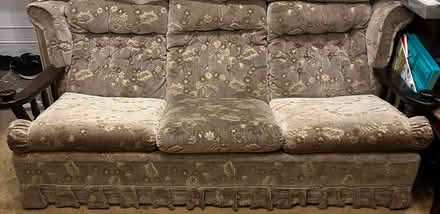 Photo of free Floral Velvet 3 piece Sofa Beige/Green Rolled Arms (Upper Holloway N19) #3