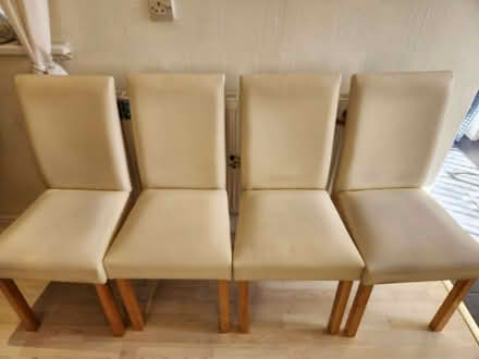 Photo of free 4 dining chairs beige leather look with solid wood (oak?) (Blackbrook WA11) #1