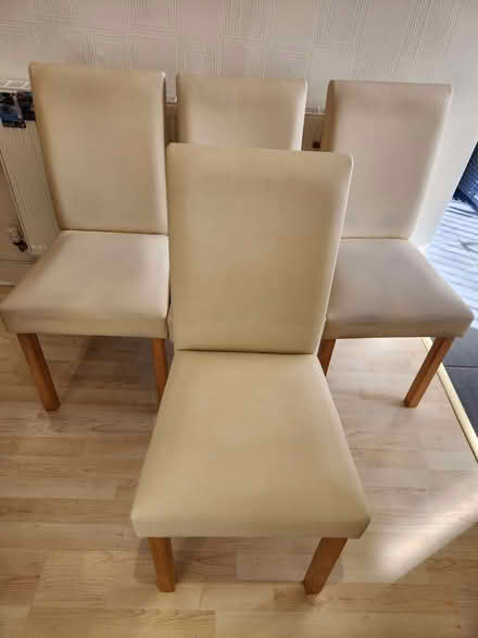 Photo of free 4 dining chairs beige leather look with solid wood (oak?) (Blackbrook WA11) #2