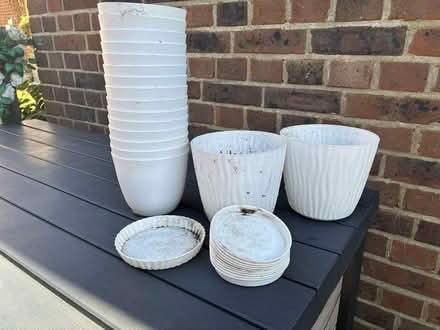 Photo of free 17 white plant pots with bases (Cheshunt EN8) #1