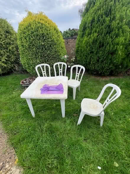 Photo of free Good quality plastic garden table and four chairs (Botley OX2) #1