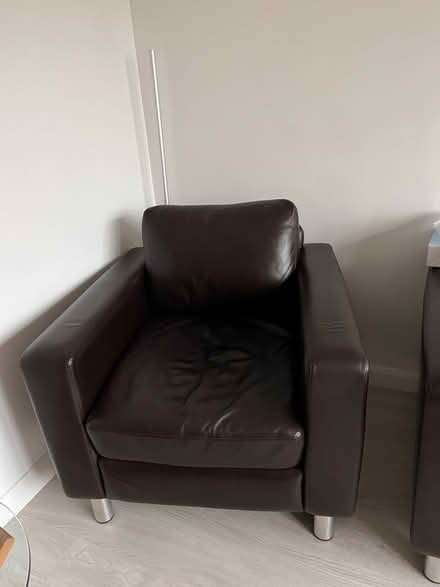 Photo of free Brown leather corner sofa and armchair (The Nurserylands TW12) #2