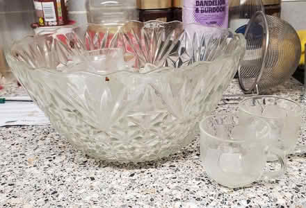 Photo of free Large glass punch bowl and 7 cups (Little Herberts GL53) #1