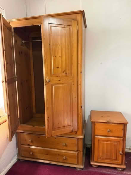 Photo of free Wardrobe plus pine bedside (Romford) #1