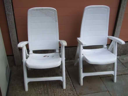 Photo of free Pair of folding white plastic reclining garden chairs (Heath Hayes WS12) #1