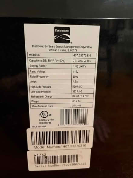 Photo of free 70 pint Kenmore dehumdifier (Swarthmore) #2