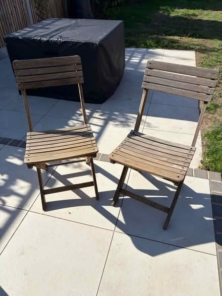 Photo of free 2 wooden foldable garden chairs (West Bergholt CO6) #1
