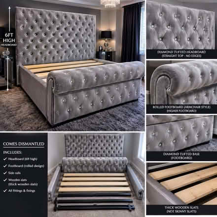 Photo of free Superking silver/grey plush velvet bedframe (Wylde Green B24) #4
