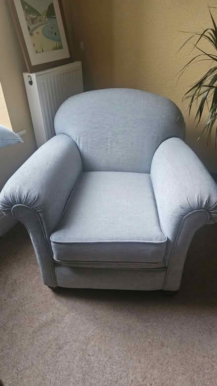 Photo of free Sofa & armchair with light blue herringbone pattern. (Rainhill L35) #2