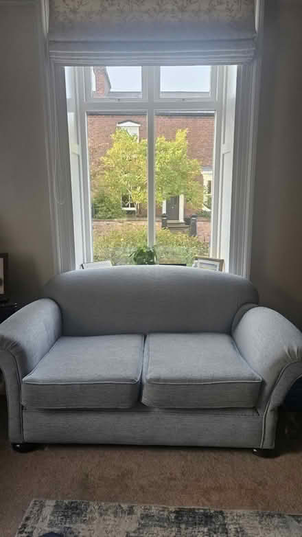 Photo of free Sofa & armchair with light blue herringbone pattern. (Rainhill L35) #1