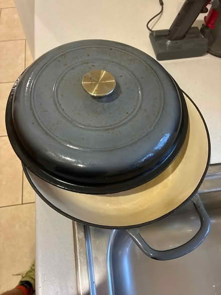 Photo of free 12 inch cast iron dish and lid (GU24 Bisley) #1