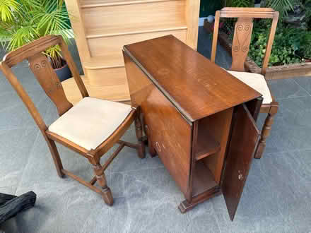 Photo of free Vintage drop leaf table with storage and 2 solid chairs (Croft WA3) #1
