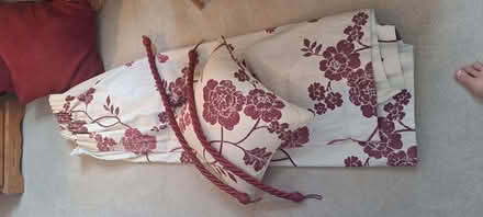 Photo of free Pair of lined curtains with matching tie backs and cushion. (Hersham KT12) #1