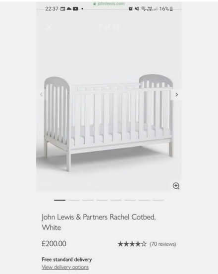 Photo of free John Lewis Rachel White Wooden Cot Bed – Very Good Condition (The Camp AL1) #1