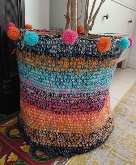 Photo of free Very large colourful crocheted plant pot cover with pom-poms (Hyson Green NG7) #1