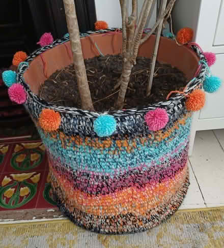 Photo of free Very large colourful crocheted plant pot cover with pom-poms (Hyson Green NG7) #2