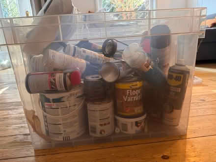 Photo of free Box of paints varnishes and brushes (Cambridge Heath E9) #1