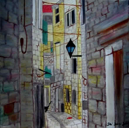 Photo of free One-off Print of an orignal oil painting, street scene + cat (Oakington CB24) #1