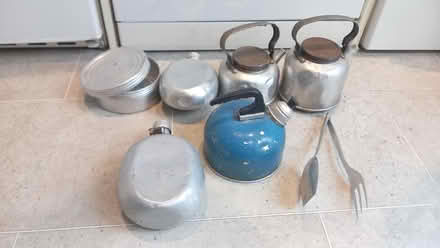 Photo of free Vintage metal camping kettles, water bottles, tongs and tin (Craigie PH2) #1