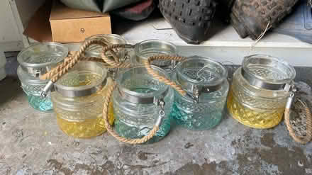 Photo of free 7 large hanging teal & yellow jars (Taffs Well CF15) #1