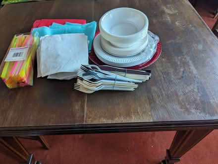 Photo of free Paper/plastic plates, bowls, white paper napkins, cutlery, (Caldecott OX14) #1