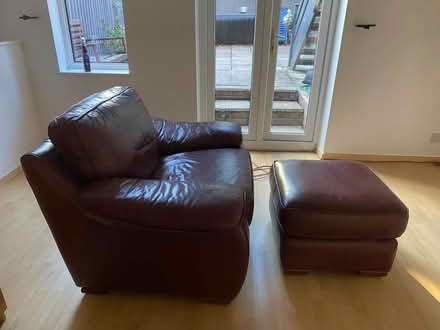 Photo of free Single seater red sofa & stool (Woking) #2