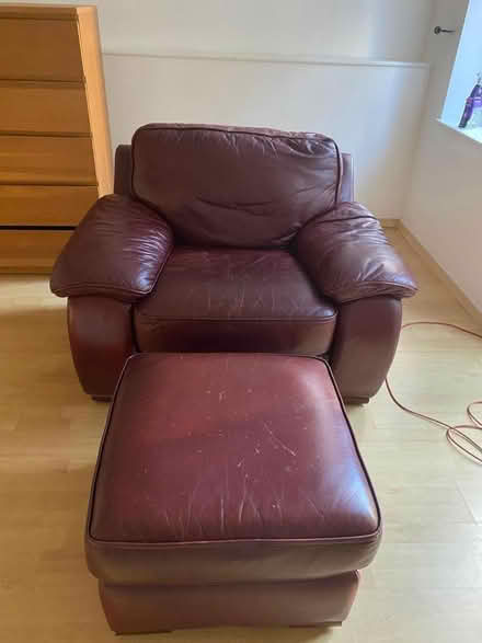 Photo of free Single seater red sofa & stool (Woking) #1