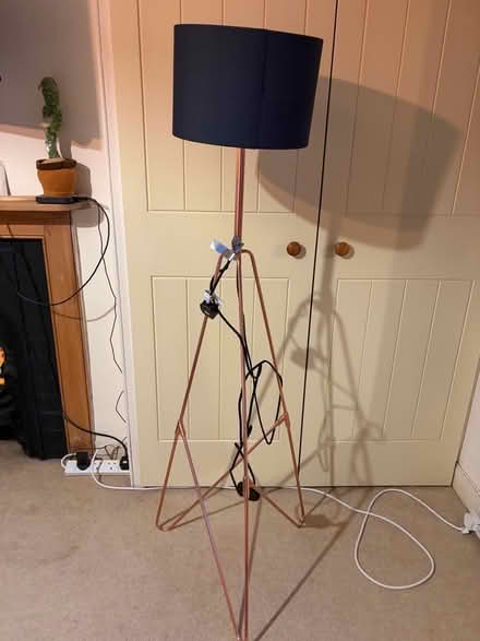 Photo of free Copper floor standing lamp with blue shade (Hadlow TN11) #1