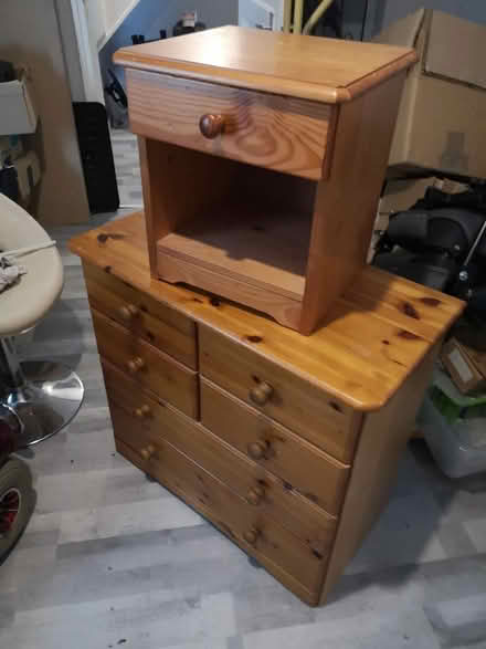 Photo of free Pine drawer chest & bedside cabinet. Good condition. (Bournes Green SS2) #1