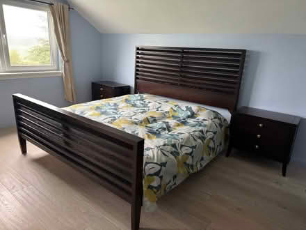 Photo of free Bed frame for 2mx2m mattress & 2 bedside tables (Blackburn AB21) #1