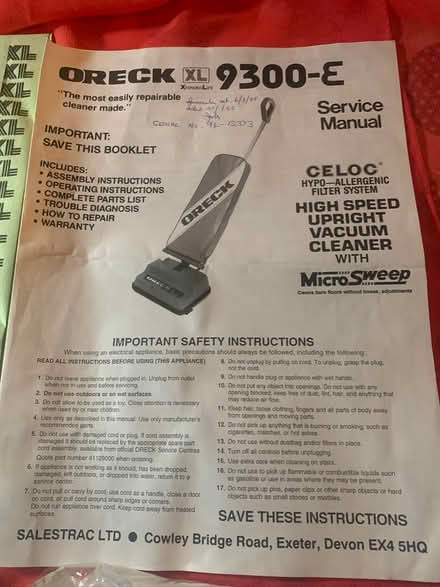 Photo of free Oreck hoover bags and belt (Cwmbran NP44) #1