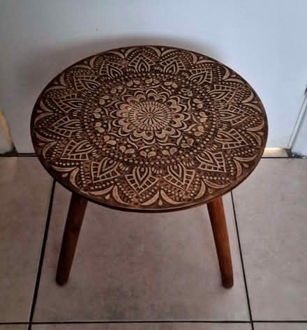 Photo of free Upcycled Boho Round Accent/End Table in a Wood-Burned Mandal (Lyme Regis DT7) #1