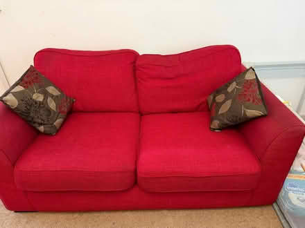 Photo of free 2 x 2 seater Red sofas and a storage ottoman (Alresford CO7) #2