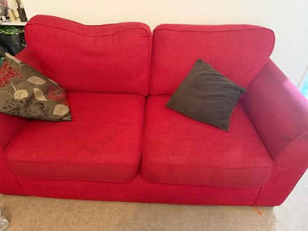 Photo of free 2 x 2 seater Red sofas and a storage ottoman (Alresford CO7) #1