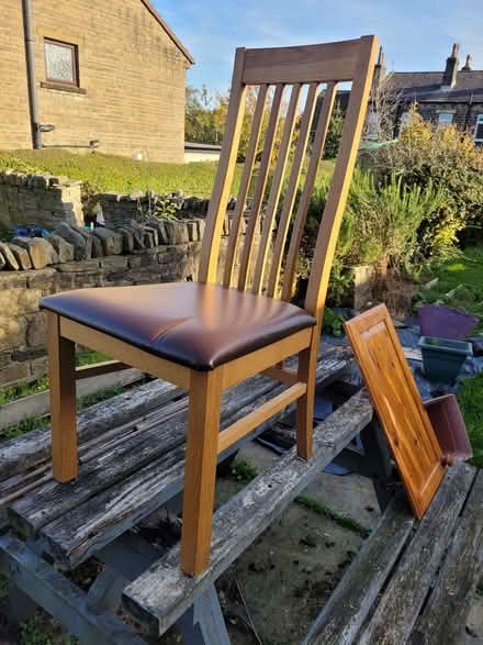 Photo of free 4 high back dining chairs (2 need seats recovered) (Crosland Hill HD4) #1